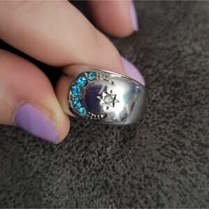 Size 9 silver crescent moon and star ring, blue crystal moon design